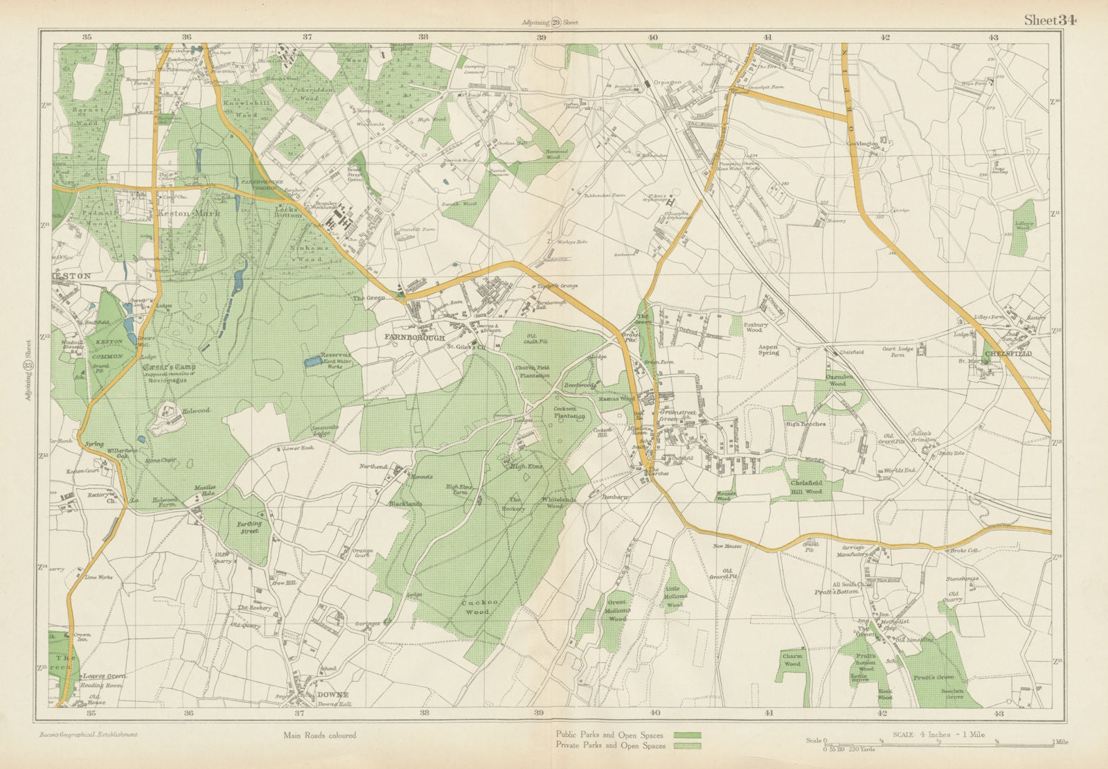 ORPINGTON Farnborough Keston Mark Pratt's Bottom Chelsfield. BACON 1934 map